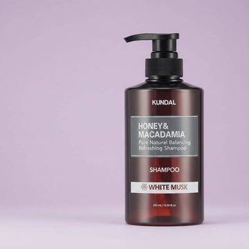 Assemble K - Play .Try .Glow KUNDAL Honey & Macadamia White Musk shampoo, 500ml, natural balancing for all hair types.