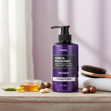 Assemble K - Play .Try .Glow KUNDAL Honey & Macadamia Hydro-Intensive Protein Premium Hair Treatment Ylang Ylang 500ml bottle.