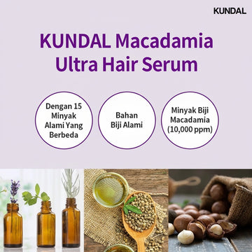 Assemble K - Play .Try .Glow KUNDAL Macadamia Ultra Hair Serum in Acacia Moringa scent, 100ml. Contains 15 natural oils and macadamia seed oil.