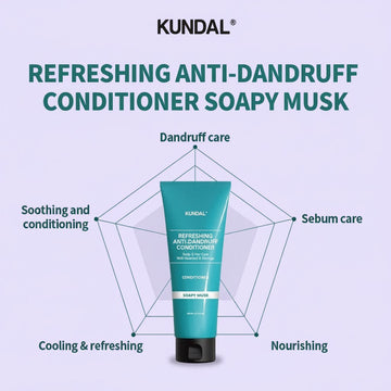 Assemble K - Play .Try .Glow Kundal Refreshing Anti-Dandruff Conditioner in Soapy Musk scent, 250ml tube for dandruff, sebum, cooling, and nourishing hair care.