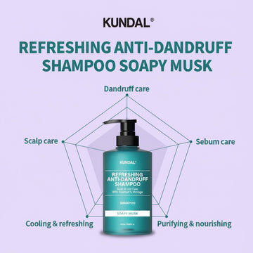Assemble K - Play .Try .Glow Kundal Refreshing Anti-Dandruff Shampoo in Soapy Musk scent, 500ml bottle with pump dispenser.