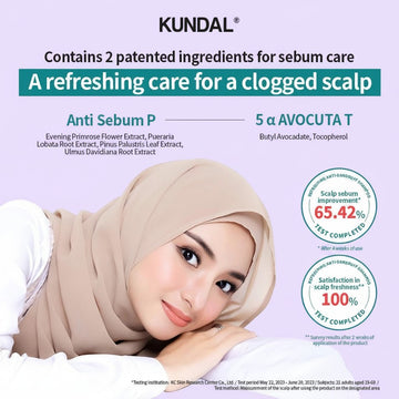 Assemble K - Play .Try .Glow Kundal Refreshing Anti-Dandruff Shampoo, Conditioner, and Serum with model wearing hijab.