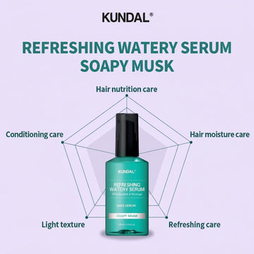Assemble K - Play .Try .Glow Kundal Refreshing Watery Serum in Soapy Musk scent, 100ml bottle for hair nutrition, conditioning, moisture, and refreshing care.