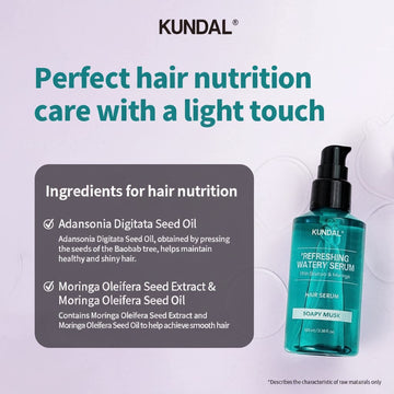 Assemble K - Play .Try .Glow Kundal Refreshing Watery Serum with Baobab & Moringa, Soapy Musk hair serum, 100ml bottle.