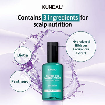 Assemble K - Play .Try .Glow Kundal Refreshing Watery Serum for hair, 100ml, Soapy Musk scent, with Biotin, Panthenol, and Hibiscus Extract.
