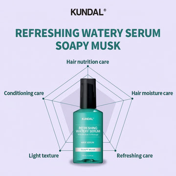 Assemble K - Play .Try .Glow Kundal Refreshing Watery Serum in Soapy Musk scent, 100ml bottle for hair nutrition, conditioning, moisture, and refreshing care.
