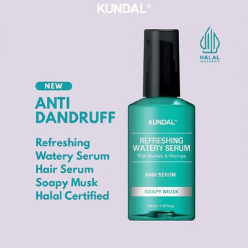 Assemble K - Play .Try .Glow Kundal Refreshing Watery Serum for anti-dandruff hair, Soapy Musk scent, 100ml bottle, Halal certified.