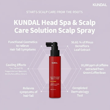 Assemble K - Play .Try .Glow Kundal Head Spa & Scalp Care+ Scalp Spray 100ml, a red bottle with a black spray nozzle, designed to relieve hair fall symptoms.