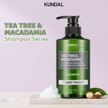 Assemble K - Play .Try .Glow KUNDAL Tea Tree & Macadamia Deep Cleansing Shampoo in Baby Powder scent, 500ml bottle.