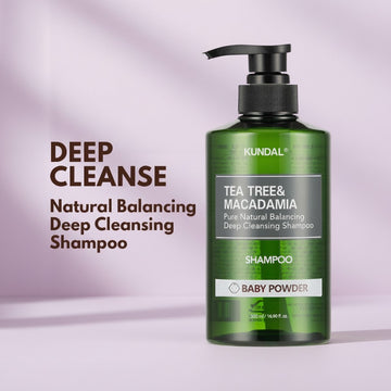 Assemble K - Play .Try .Glow KUNDAL Tea Tree & Macadamia Deep Cleansing Shampoo, Baby Powder scent, 500ml bottle.