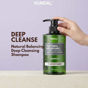 Assemble K - Play .Try .Glow KUNDAL Tea Tree & Macadamia Pure Natural Balancing Deep Cleansing Shampoo in White Musk scent, 500ml.
