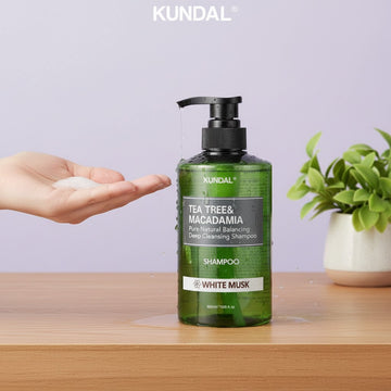 Assemble K - Play .Try .Glow: KUNDAL Tea Tree & Macadamia Pure Natural Balancing Deep Cleansing Shampoo in White Musk scent, 500ml bottle.