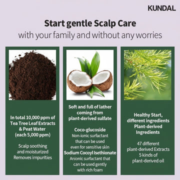 Assemble K - Play .Try .Glow KUNDAL Tea Tree Deep Cleansing Shampoo with White Musk scent, featuring tea tree leaf extracts, peat water, and coconut-derived ingredients for gentle scalp care.
