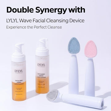 Assemble K - Play .Try .Glow LYLYL Easy Bubble Jojoba Latte Cleanser, a dual-layer oil and foam formula with jojoba seed oil.
