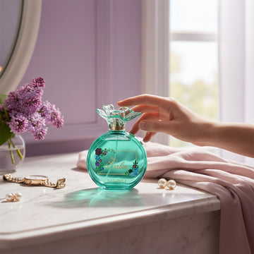 Assemble K - Play .Try .Glow Maryaj Calin floral fruity perfume bottle on a marble vanity with lilac flowers.