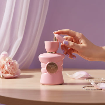 Assemble K - Play .Try .Glow Maryaj Tender Love perfume bottle in soft pink, held by a hand with matching lilac nails.