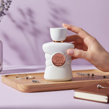 Assemble K - Play .Try .Glow Maryaj Tender Love perfume bottle held by a hand on a wooden tray against a purple background