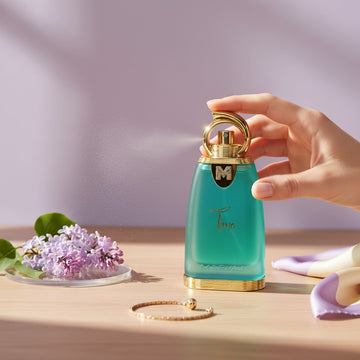 Assemble K - Play .Try .Glow Maryaj Tina Eau de Parfum in a teal glass bottle with gold accents being sprayed by hand.