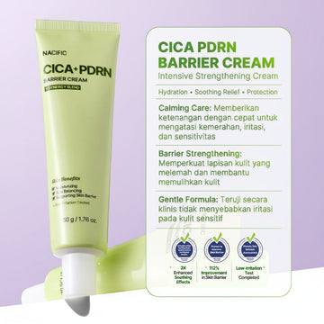 Assemble K - Play .Try .Glow NACIFIC Cica PDRN Barrier Cream tube, 50g, for soothing and strengthening sensitive skin.