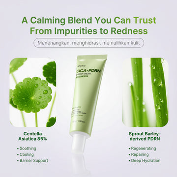 Assemble K - Play .Try .Glow NACIFIC Cica PDRN Barrier Cream tube with Centella Asiatica and Sprout Barley details. Soothes and hydrates.