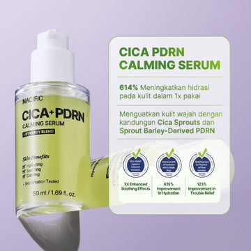 Assemble K - Play .Try .Glow NACIFIC Cica PDRN Calming Serum 50ml, a light green serum bottle with a white pump.