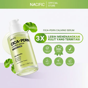 Assemble K - Play .Try .Glow NACIFIC Cica+PDRN Calming Serum 50ml, a light green serum in a clear pump bottle with green leaves.