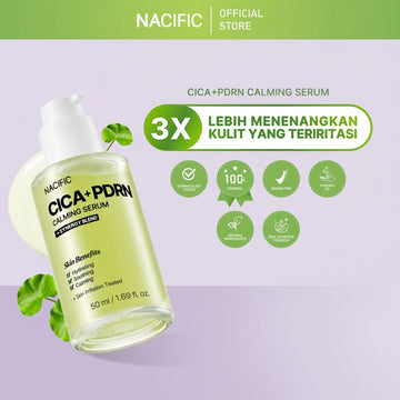 Assemble K - Play .Try .Glow NACIFIC Cica PDRN Calming Serum 50ml, a light green serum in a clear pump bottle with green accents.