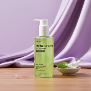 Assemble K - Play .Try .Glow NACIFIC Cica PDRN Gel Cleanser 200ml, a light green gel cleanser with a white pump dispenser, for deep pore cleansing and troubled skin.