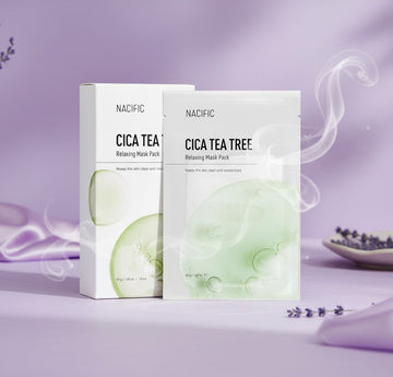 Assemble K - Play .Try .Glow NACIFIC Cica Tea Tree Relaxing Mask Pack with 30g essence, bamboo fabric, Centella Asiatica & Tea Tree extracts.