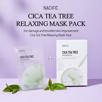Assemble K - Play .Try .Glow NACIFIC Cica Tea Tree Relaxing Mask Pack, a single sheet mask in a clear pouch and its box packaging.