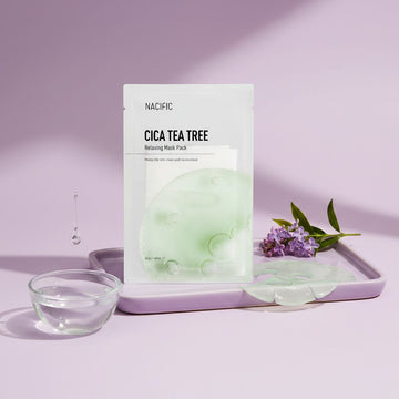 Assemble K - Play .Try .Glow NACIFIC Cica Tea Tree Relaxing Mask Pack with 30g essence, bamboo fabric, and soothing ingredients.
