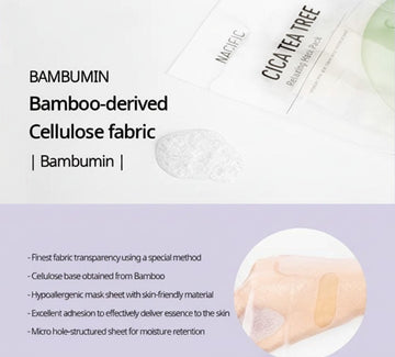 Assemble K - Play .Try .Glow NACIFIC Cica Tea Tree Relaxing Mask Pack made with bamboo-derived cellulose fabric for soothing and hydration.