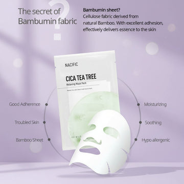 Assemble K - Play .Try .Glow NACIFIC Cica Tea Tree Relaxing Mask Pack made with bamboo fabric for soothing and moisturizing troubled skin.