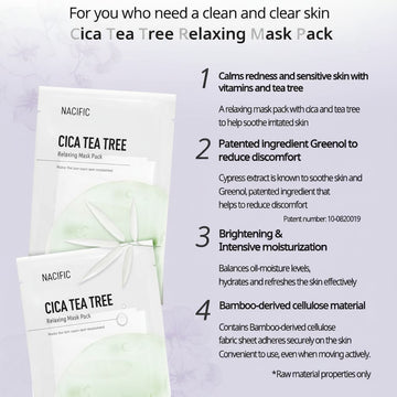 Assemble K - Play .Try .Glow NACIFIC Cica Tea Tree Relaxing Mask Pack with bamboo-derived cellulose fabric for soothing and hydration.