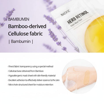 Assemble K - Play .Try .Glow NACIFIC Herb Retinol Relief Mask Pack, a bamboo-derived cellulose fabric sheet mask for intensive nourishment and hydration.