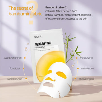 Assemble K - Play .Try .Glow NACIFIC Herb Retinol Relief Mask Pack with bamboo sheet for moisturizing and wrinkle care.