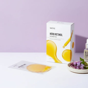 Assemble K - Play .Try .Glow NACIFIC Herb Retinol Relief Mask Pack, a single-use sheet mask in yellow serum, packaged in a white box and clear pouch.