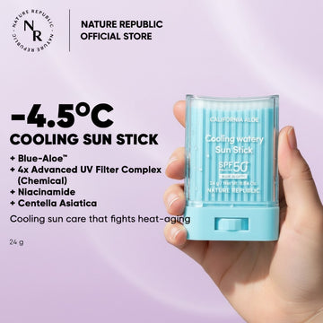 Assemble K - Play .Try .Glow NATURE REPUBLIC California Aloe cooling sun stick with SPF50+ in a light blue container.