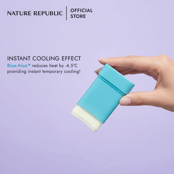 Assemble K - Play .Try .Glow NATURE REPUBLIC California Aloe cooling sun stick held in hand against purple background