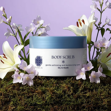 Assemble K - Play .Try .Glow Tiela Perfume Therapy Body Scrub Pure 250g, hypoallergenic sugar scrub with lily & musk scent.