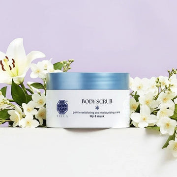 Assemble K - Play .Try .Glow Tiela Perfume Therapy Body Scrub Pure 250g, hypoallergenic sugar scrub with lily & musk scent.