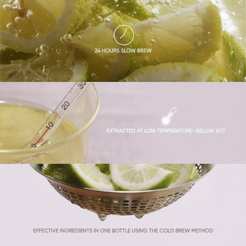 Assemble K - Play .Try .Glow Vitapair C serum cold brew extraction process showing lemon slices and temperature gauge
