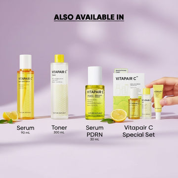 Assemble K - Play .Try .Glow Vitapair C skincare range featuring serum, toner, and special set with lemon extracts.