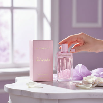 Assemble K - Play .Try .Glow Women'Secret Intimate Eau de Parfum bottle and pink box on a marble table with pearls.