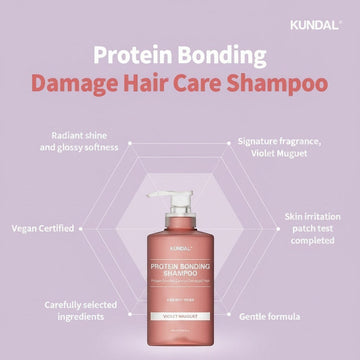 Assemble K - Play .Try .Glow KUNDAL Protein Bonding Damage Hair Care Shampoo in Violet Muguet scent, 250ml bottle with pump.