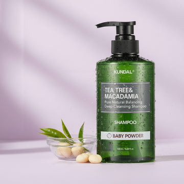 Assemble K - Play .Try .Glow KUNDAL Tea Tree & Macadamia Deep Cleansing Shampoo in Baby Powder scent, 500ml bottle with pump.