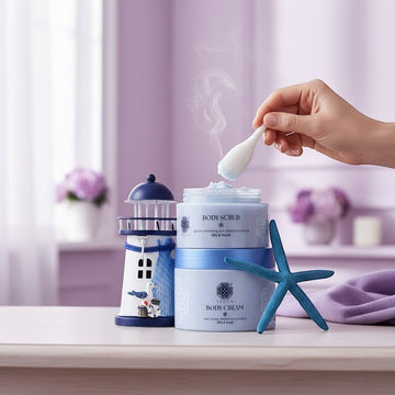 Assemble K - Play .Try .Glow Tiela Body Cream Pure, a light blue jar with a blue lid, featuring a coconut floral woody scent.