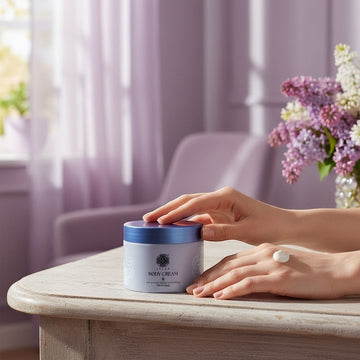 Assemble K - Play .Try .Glow Tiela Body Cream in a light purple jar with a blue lid, featuring a floral design and text indicating a coconut floral woody scent.