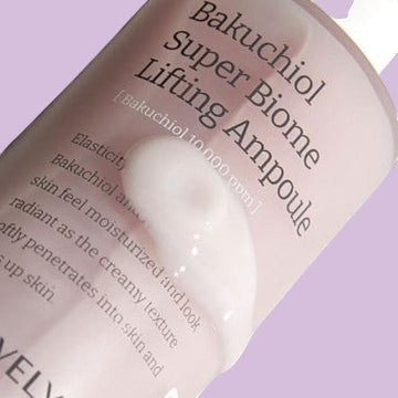 Assemble K - Play .Try .Glow VELY VELY Bakuchiol Super Biome Lifting Ampoule 100ml, a pink serum with a dropper, for firmer, radiant skin.