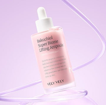 Assemble K - Play .Try .Glow VELY VELY Bakuchiol Super Biome Lifting Ampoule 100ml, a pink serum bottle with a dropper, featuring lifting and firming properties.